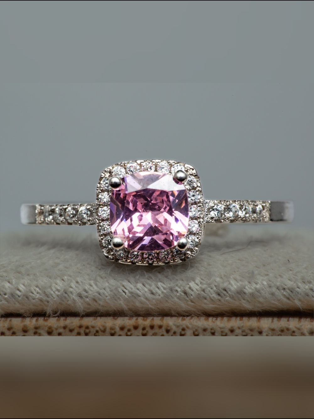 Size 8 - Stunning 925 Sterling Silver Pink Cushion Cut Halo Ring